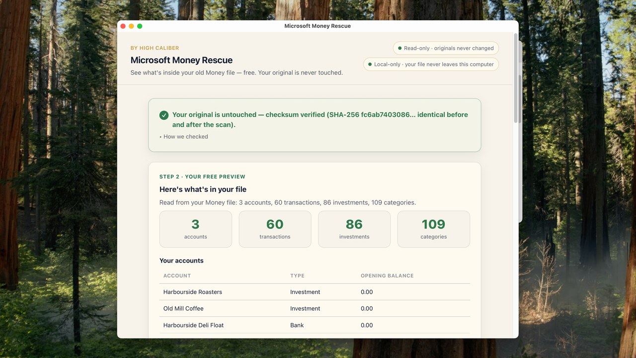 The Microsoft Money Rescue window after the free preview of a demo Money file: a green card reading “Your original is untouched — checksum verified (SHA-256 … identical before and after the scan)”, then four counts — 3 accounts, 60 transactions, 86 investments, 109 categories — and the start of the accounts table.