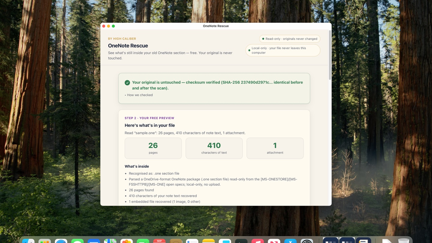 OneNote Rescue 0.2.9 on a clean Mac after the free preview of a real section: “Your original is untouched — checksum verified”, then 26 pages, 410 characters of text, 1 attachment